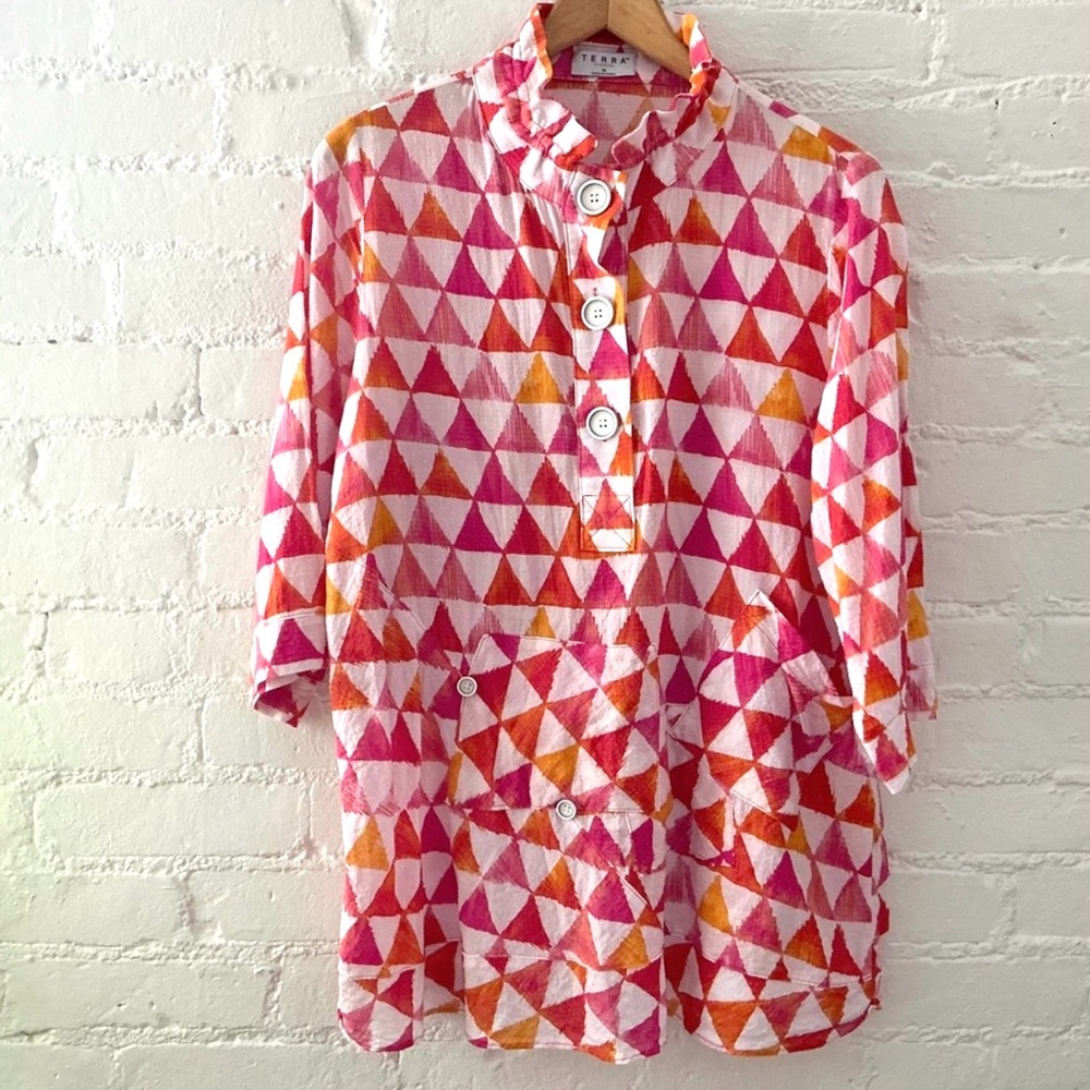 Terra SJ Apparel Pink Orange Triangle Print Tunic Ruffle Collar Top Pocket Sz M